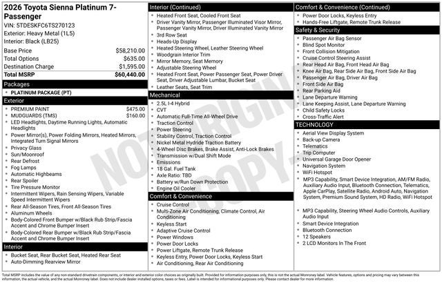 2026 Toyota Sienna Platinum 7 Passenger
